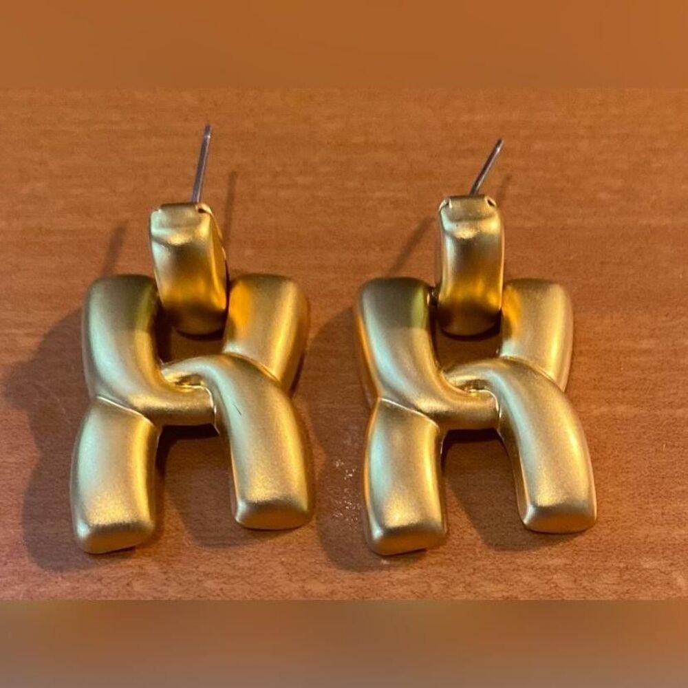 Gold Tone Abstract H Shape Dangle Drop Earrings Womens 1” Jewelry READ